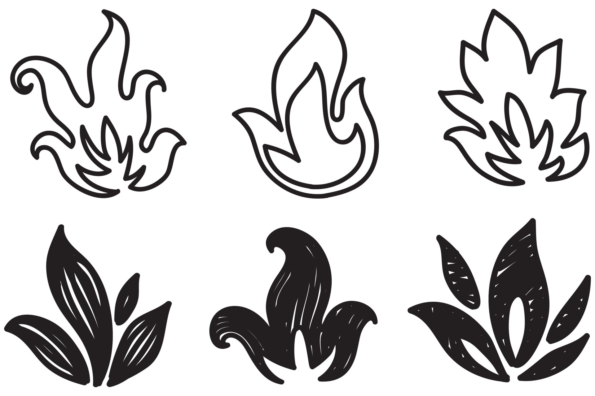 ícones de fogo desenhados à mão. conjunto de vetores de ícones de chamas de  fogo. fogo de esboço de doodle desenhado à mão, desenho preto e branco.  símbolo de fogo simples. 6214491